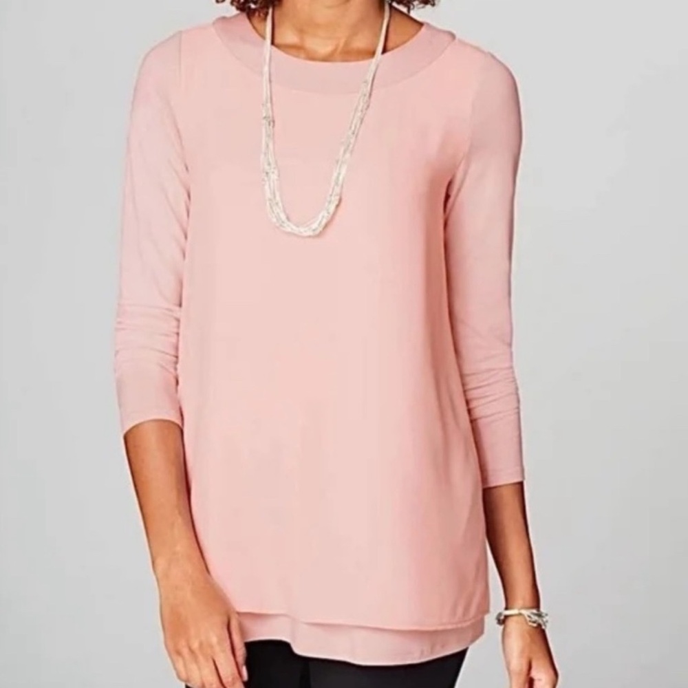 NEW J.Jill Wearever Collection Mixed Media 3/4 Sleeve Layered Top Rose XSP